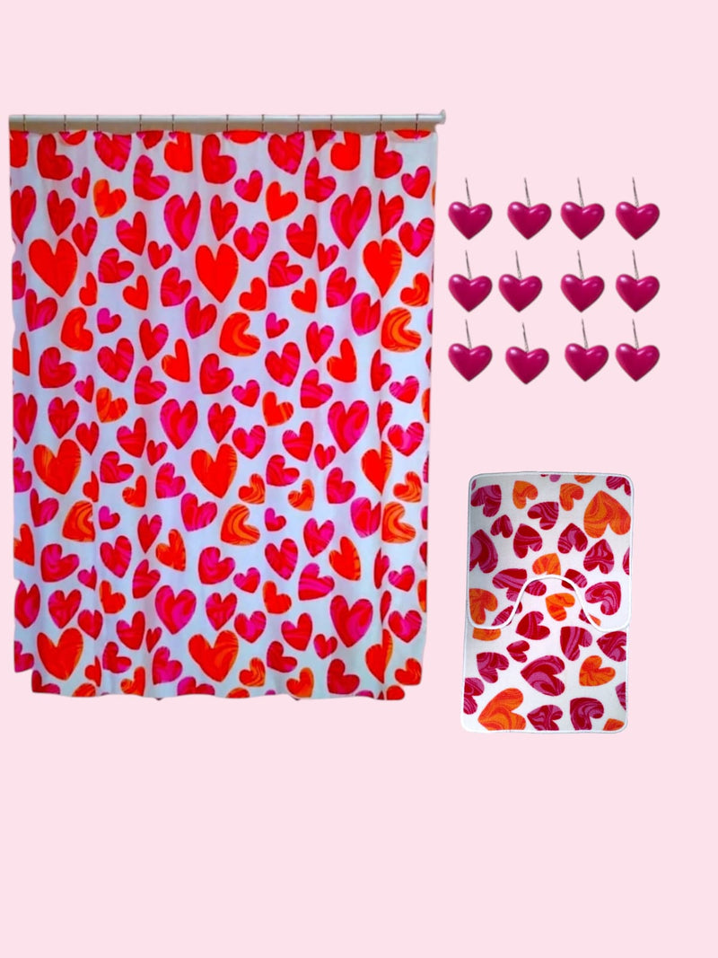 Valentine's Day- Bath Shower Curtain & Bath Mat Set " Marble Heart"