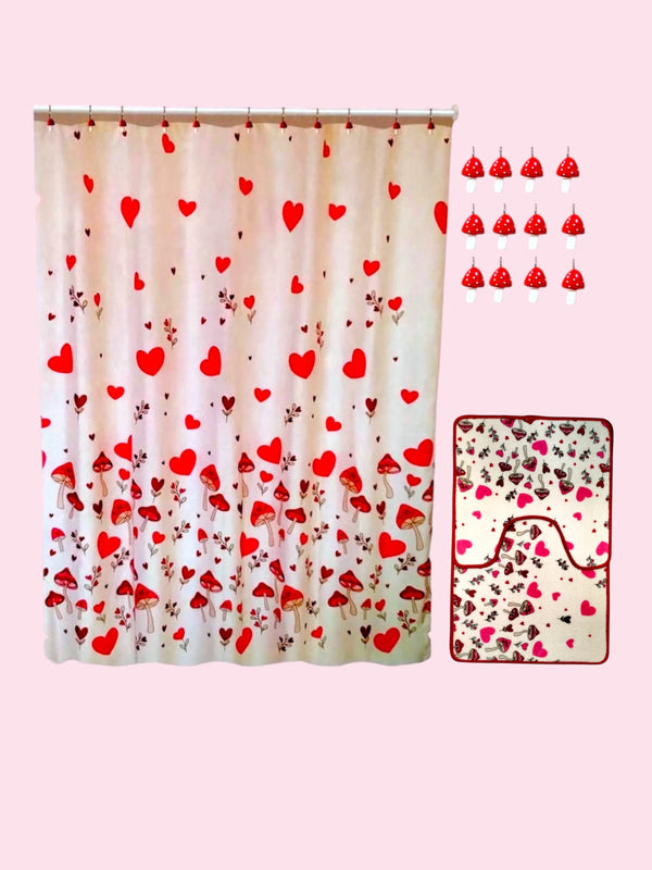 Valentine's Day- Bath Shower Curtain & Bath Mat Set " Mushroom Valentine"