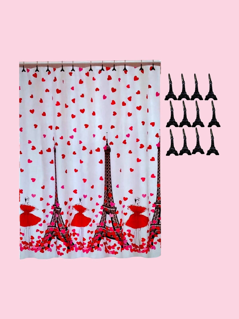 Valentine's Day- Bath Shower Curtain & Bath Mat Set  "Hearts Peony Eiffels"