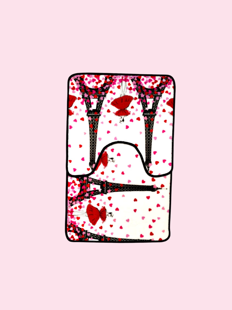 Valentine's Day- Bath Shower Curtain & Bath Mat Set  "Hearts Peony Eiffels"