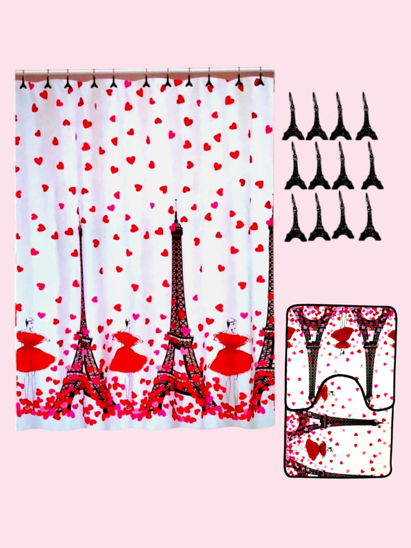 Valentine's Day- Bath Shower Curtain & Bath Mat Set  "Hearts Peony Eiffels"