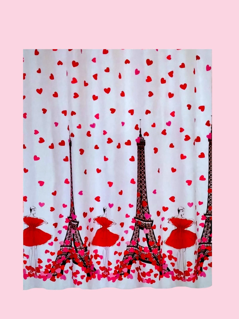 Valentine's Day- Bath Shower Curtain & Bath Mat Set  "Hearts Peony Eiffels"