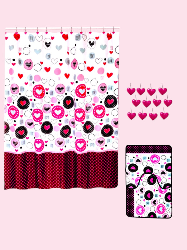 Valentine's Day- Bath Shower Curtain & Bath Mat Set "Lots of Love"