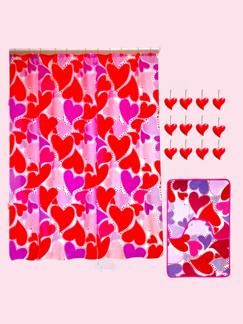 Valentine's Day- Bath Shower Curtain & Bath Mat Set "Queen of Hearts"