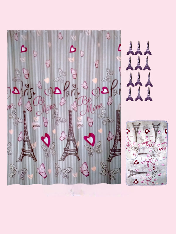 Valentine's Day- Bath Shower Curtain & Bath Mat Set " Paris Butterflies"