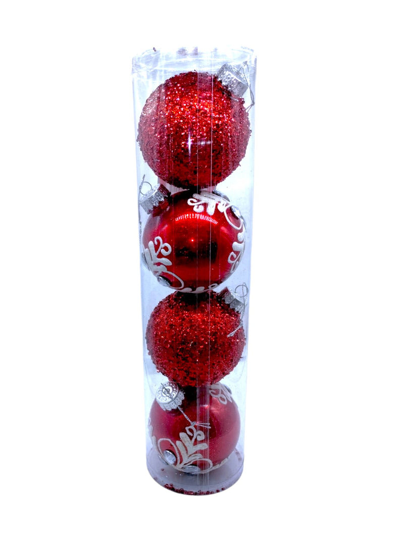 Navidad- Esfera roja de 4pck con diseño y brillo SOLO RECOGIDO EN TIENDAS*