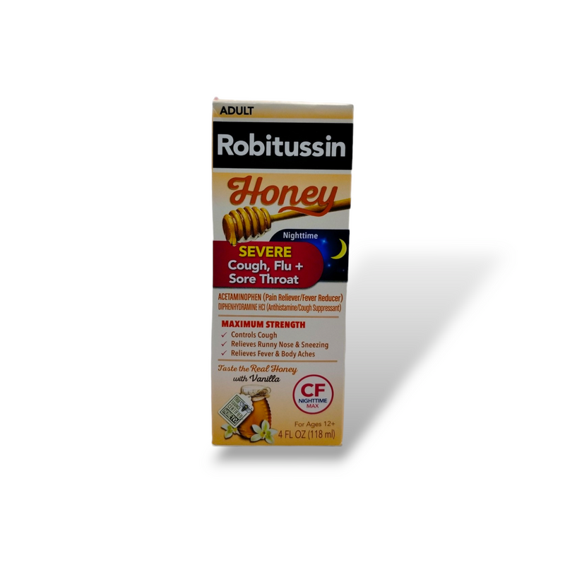 Robitussin - Honey Severe Cough Flu+Sore Throat Nighttime Cough (Adultos y Niños) 4oz