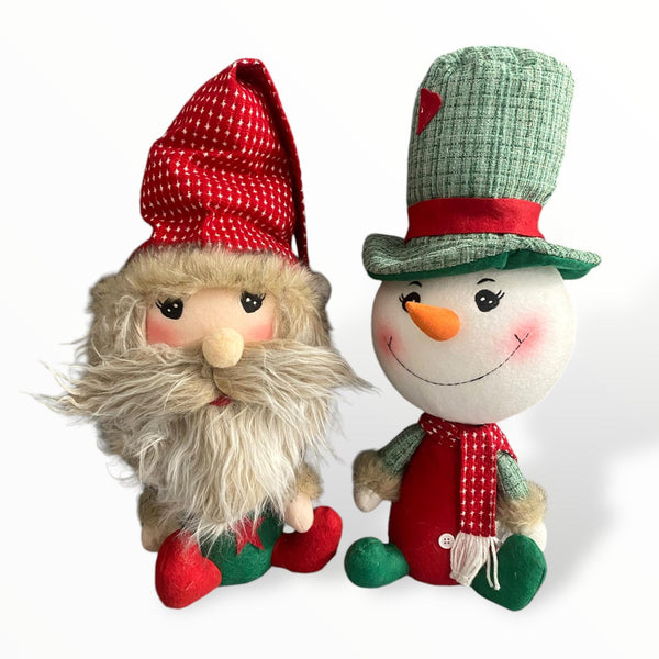 Navidad - Peluches de Cabeza Grande Rojo y Verde / Santa y Muñeco de Nieve Sentados 20''