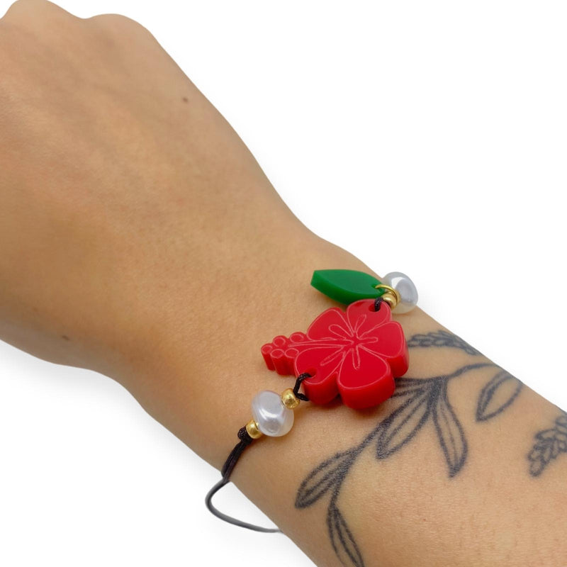 Artesanía de Puerto Rico - Pulsera con Amapola / Cordón Negro *One Size*