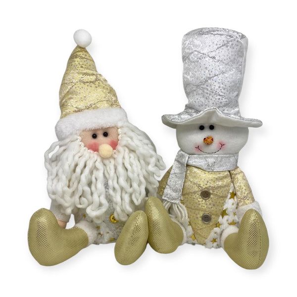 Navidad - Peluches Santa y Muñeco de Nieve Sentados / Colección Oro y Plateado con Estrellas