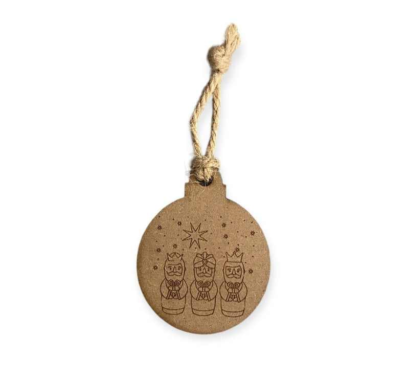 Artesanía en Madera - Mini Ornamento Circular de Tres Reyes Magos con Estrellas