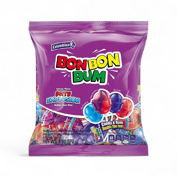 Colombina - Bon Bon Bum Berry Explosion Bubble Gum Lollipops (6oz)