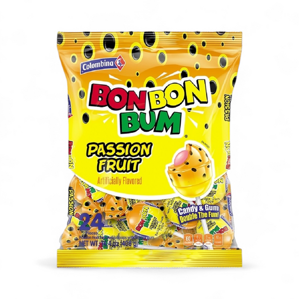 Colombina -  Bon Bon Bum Passion Fruit Bubble Gum Lollipops 24 pcs (14.4oz)