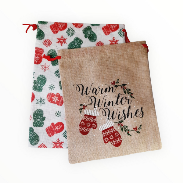 Burlap Gift Sacks w/ Pull String - Warm Winter Wishes.